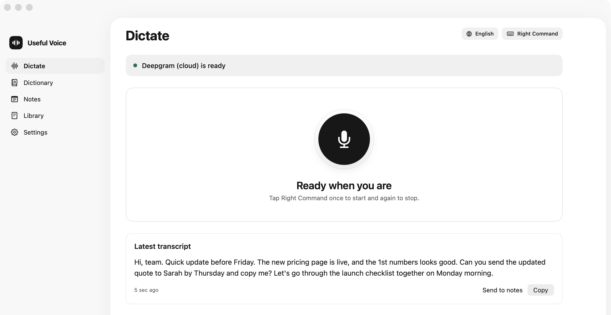 Useful Voice Dictate window with its microphone control, English language setting, keyboard shortcut and latest transcript.