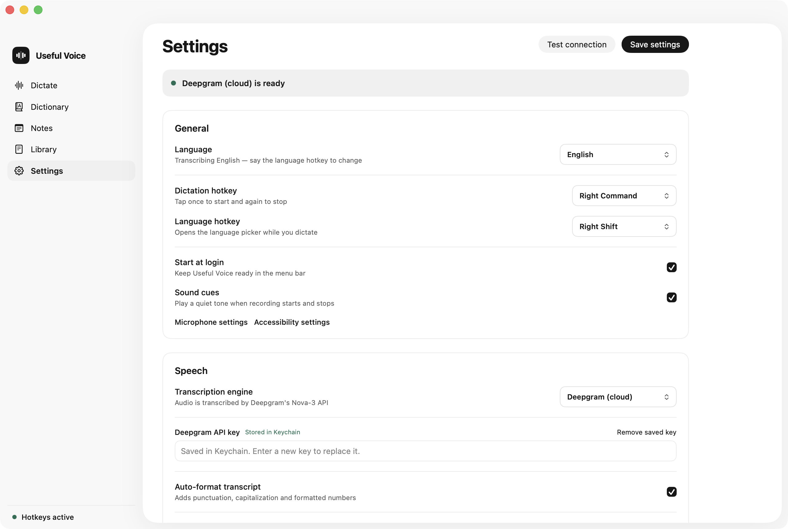 Useful Voice Settings with language, hotkeys and Deepgram ready.